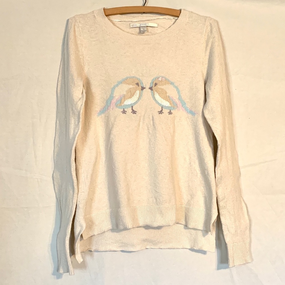 Lauren Conrad cream sequin bird sweater size XS